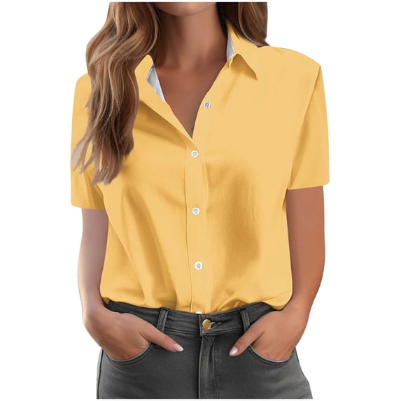 Ashyfjp Womens Tops Casual Solid Color Short-Sleeve Turn Down Collar Button Fashion Comfortable Shirts for Women , Yellow, XXL