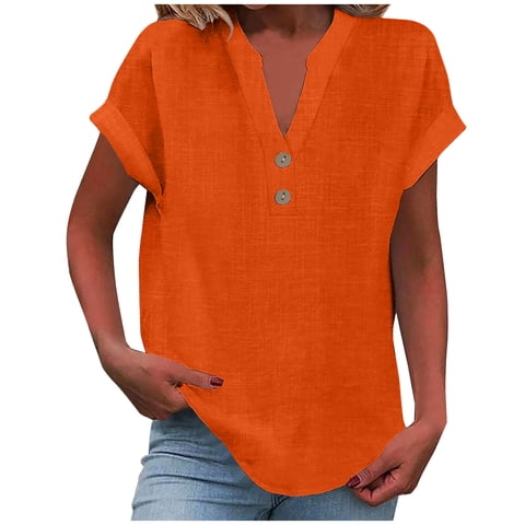Womens Tops Fashion Loose-Fit Solid-Color Short-Sleeve V-Neck Button-Down Shirt T-Shirt Tops for Women, Orange, XXXXL