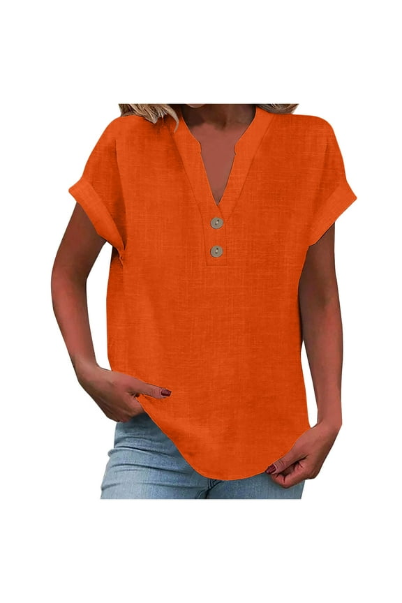 Womens Tops Fashion Loose-Fit Solid-Color Short-Sleeve V-Neck Button-Down Shirt T-Shirt Tops for Women, Orange, XXXXL