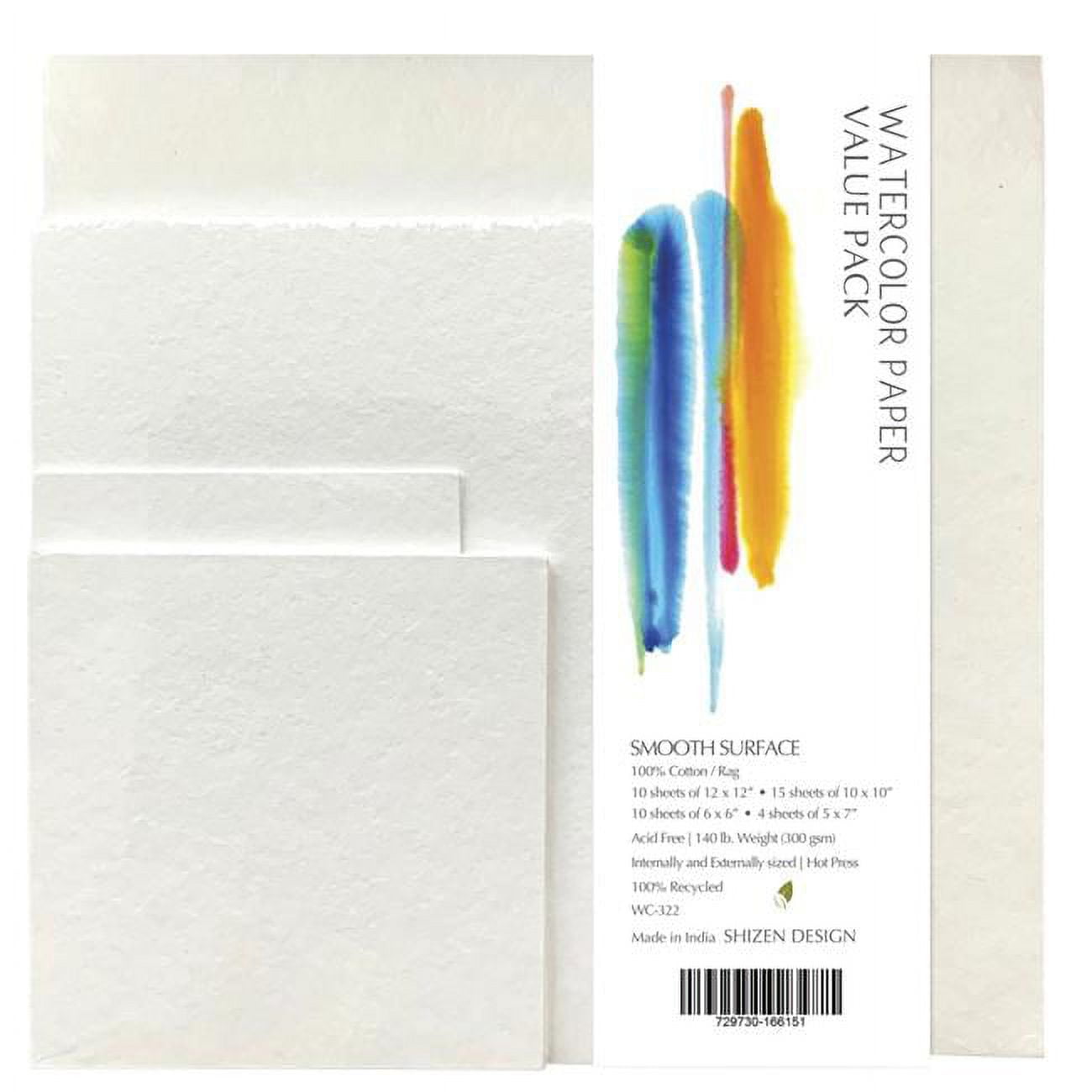 Shizen Professional Watercolor Paper Value Pack - Hot Press, Pkg of 39 Assorted Sheets