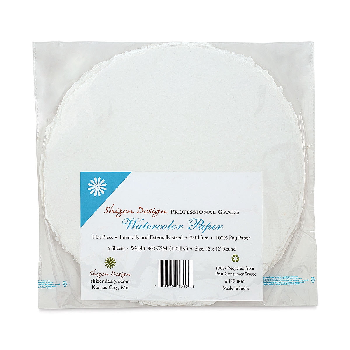 Shizen Professional Watercolor Paper - 12", Round Deckle Edge, Hot Press, 5 Sheets