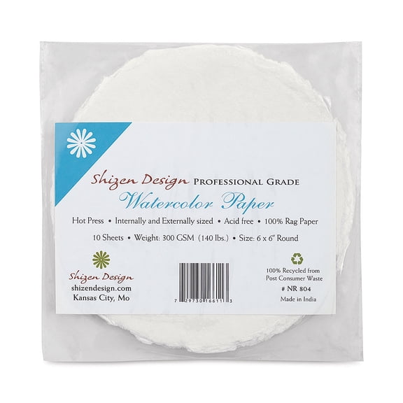 Shizen Professional Watercolor Paper - 6", Round Deckle Edge, Hot Press, 10 Sheets
