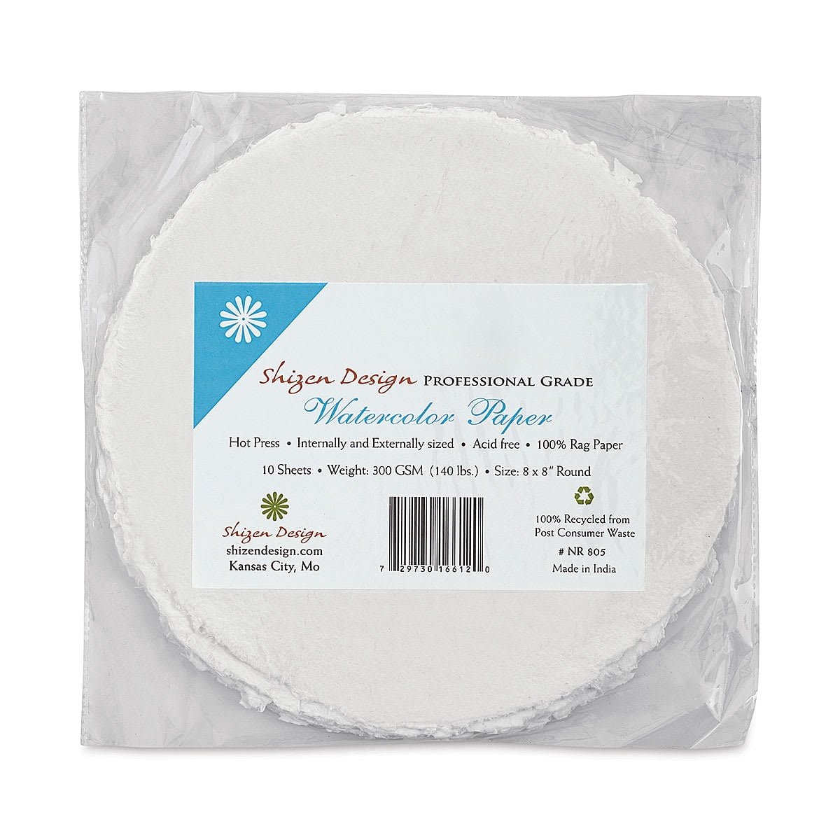 Shizen Professional Watercolor Paper - 8", Round Deckle Edge, Hot Press, 10 Sheets