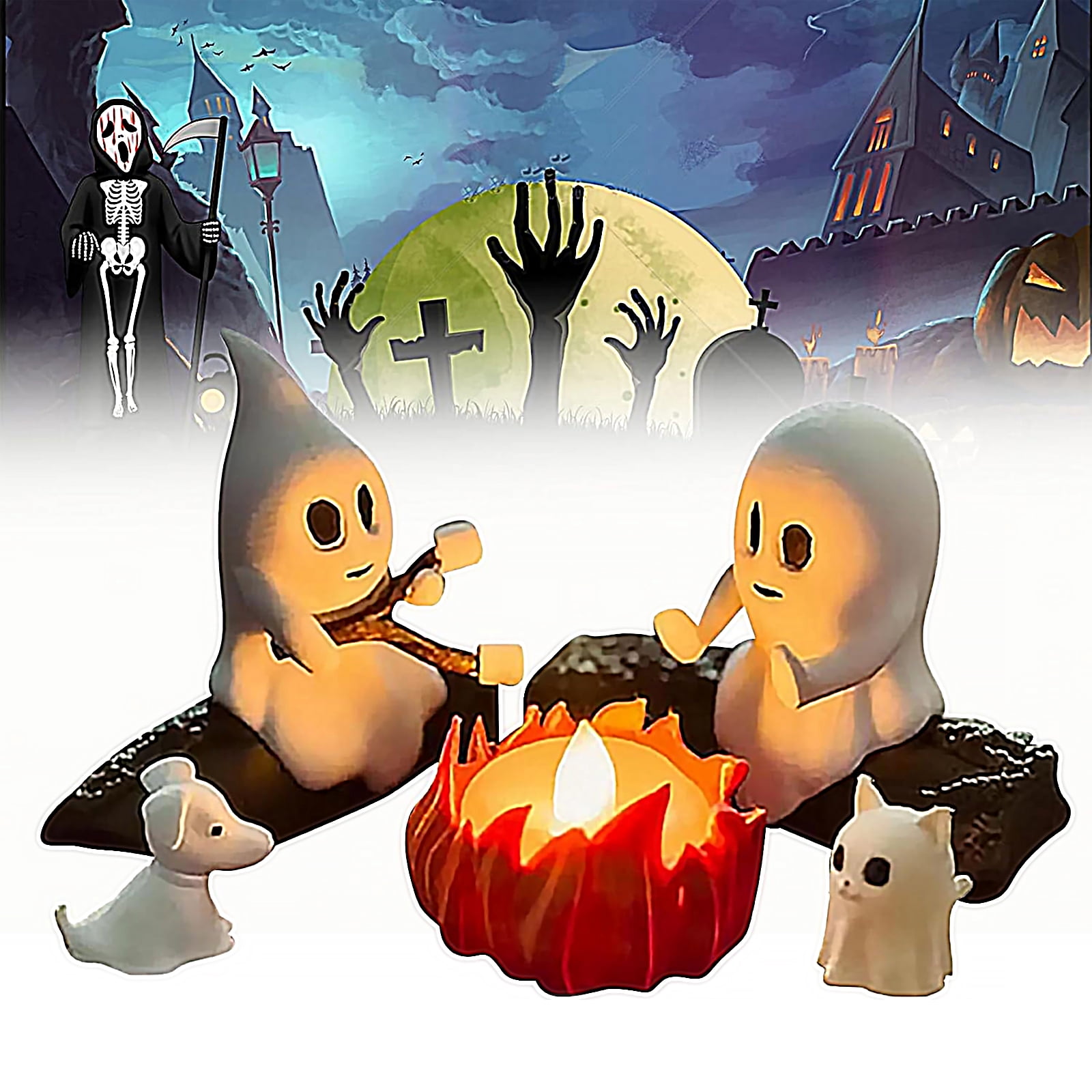 Halloween Bonfire Cute Ghost Night Light – Flickering Campfire Glow, Plug-in Wall Lamp, Energy-Efficient, White, For Bedroom/Kids' Room/Holiday Decor