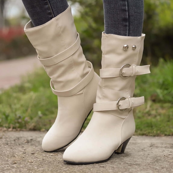Shldybc Autumn Winter Thick Heel Mid-tube Boots With Belt Buckle Warm Women's Shoes, Women's Middle Mid Calf Boots, Womens Boots on Clearance
