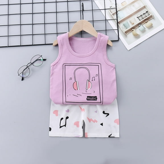 kladzum Baby Boys Girls Clothes Toddler Sleeveless Cartoon Print Vest Tops + Shorts Summer Outfit 2Pcs Set