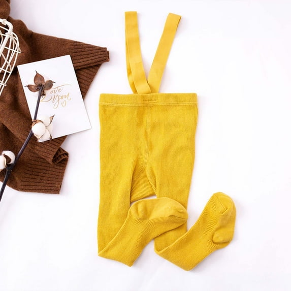 FAMTKT Baby Girls Boys Leggings with Suspenders Elastic Straps Soft High Waist Tights Warm Pantyhose Stockings, Tights for Girls( 6-12 Months, Yellow )