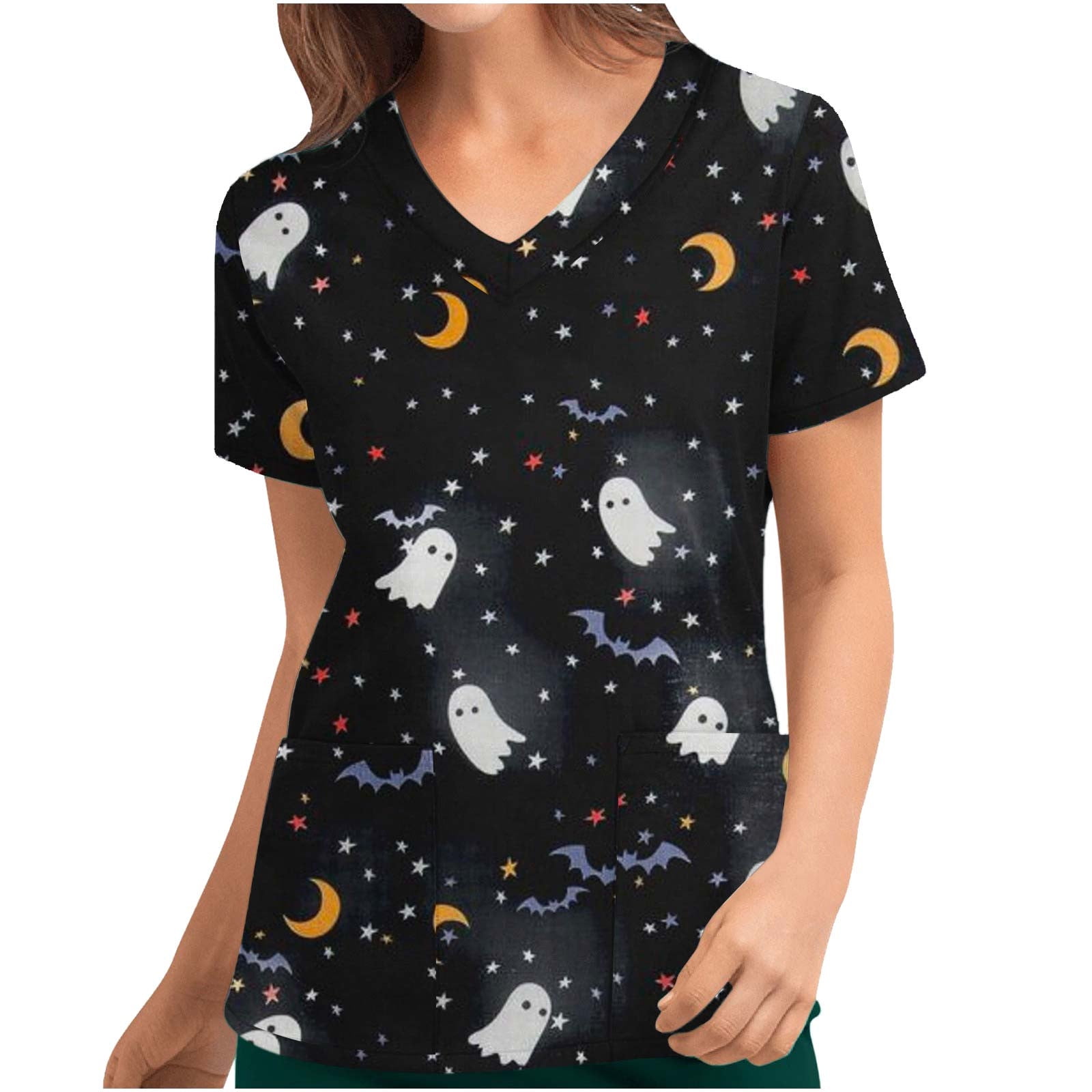 Shldybc Black Womens Halloween Nursing Scrubs Tops Working Uniform