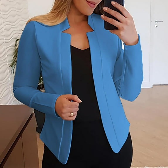 Shldybc Blazer Jackets for Women Open Front Long Sleeve Casual Work Office Blazers Spring and Fall Jackets-Blue - Fall/Winter Clearance