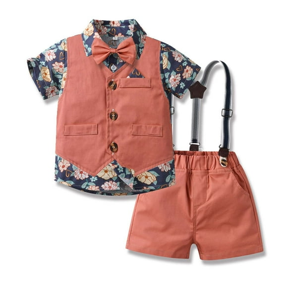 FAMTKT Boys Short Sleeve Printing Shirts&Strap Shorts&Vest Three-Piece Set, Photography Performance Set