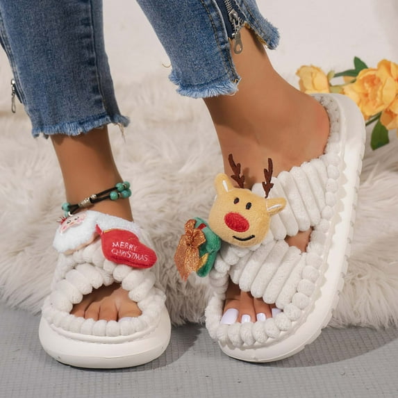 Shldybc Christmas Christmas Slippers for Women Cute Fuzzy Reindeer Santa Bunny Xmas House Slippers Stuffed Bedroom Slippers Cozy Indoor Warm Cotton Couples Slides Shoes Slippers Merry Christmas!