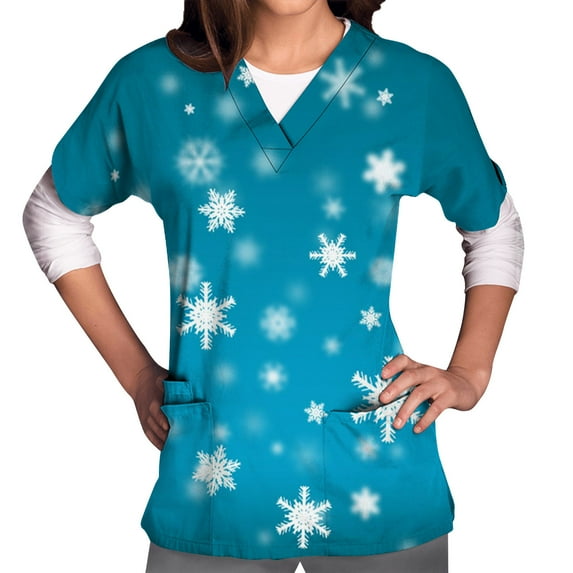Shldybc Christmas Scrubs for Women Christmas Claus Snowman Print Scrubs Tops Short Sleeve V Neck Nursing Workwear Tunic Working Uniform Blouse with Pockets-Blue - Fall/Winter Savings Clearance