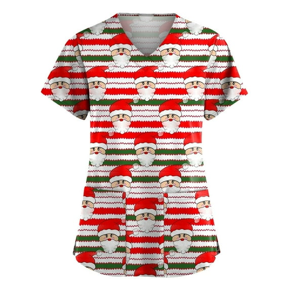 Shldybc Christmas Womens Nursing Scrub Tops Working Uniform Short Sleeve V Neck Claus Snowman Tree Holiday Christmas Print Tunic Workwear Blouse Scrubs Tops with Pockets-Red - Fall/Winter Clearance