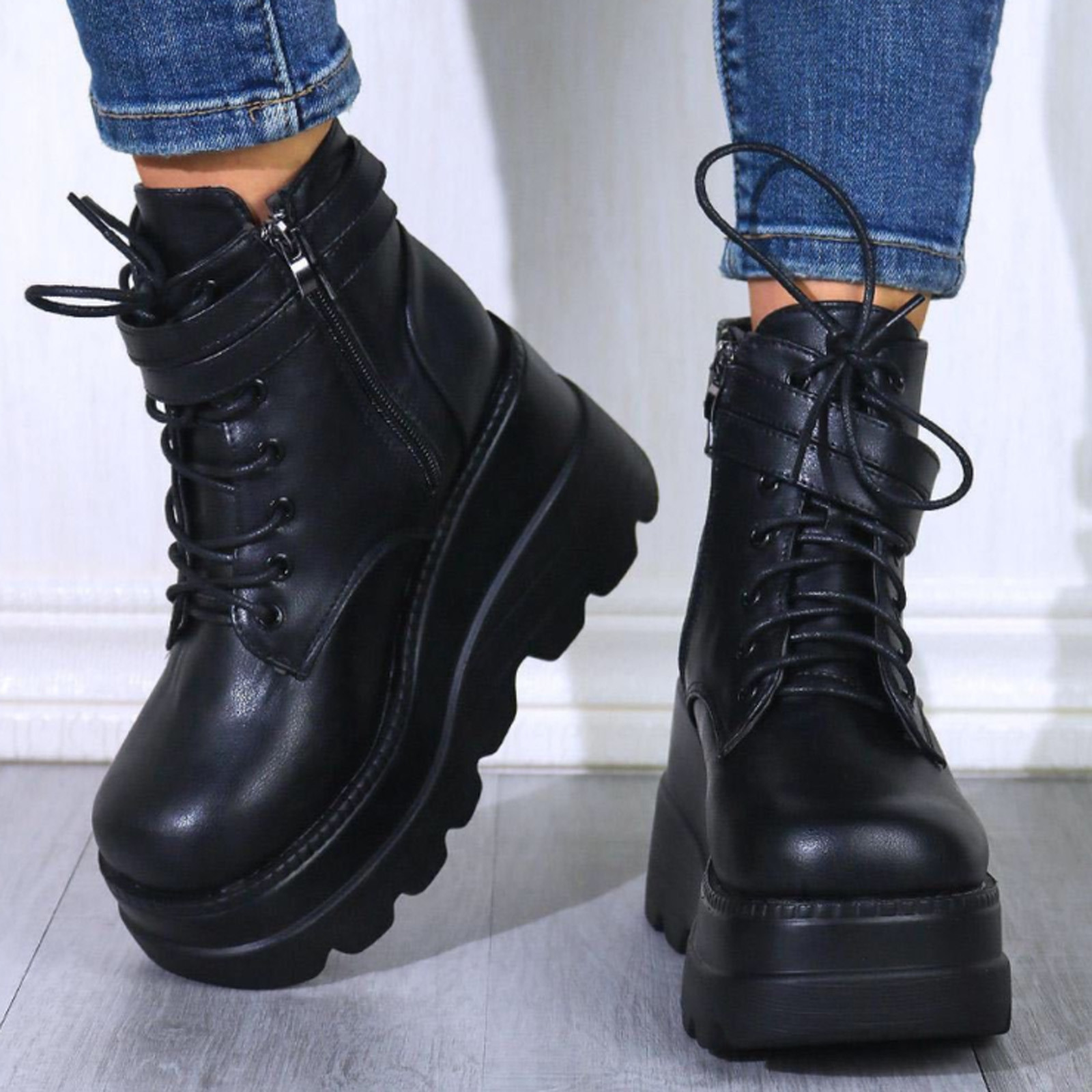 Botas de plataforma gruesas para mujer, casuales, tallas extra, suela plana retro, con cordones y cremallera, tacón de cuña alto, botines
