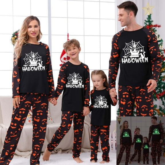Shldybc Family Halloween Pjs Matching Sets 2-piece Halloween Glows in Dark Pajamas Sleepwear Jumpsuit Spiderweb Ghosts Pumpkin Skeleton Tree Pajamas Top and Pants Outfit Home wear 12-18Month Pajamas