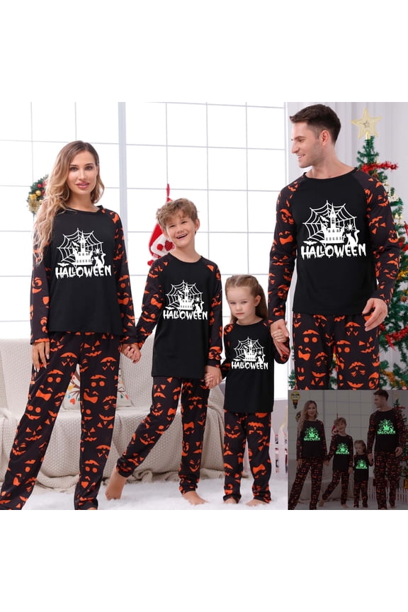 Family Halloween Pjs Matching Sets 2-piece Halloween Glows in Dark Pajamas Sleepwear Jumpsuit Spiderweb Ghosts Pumpkin Skeleton Tree Pajamas Top and Pants Outfit Home wear 18-24Month Pajamas