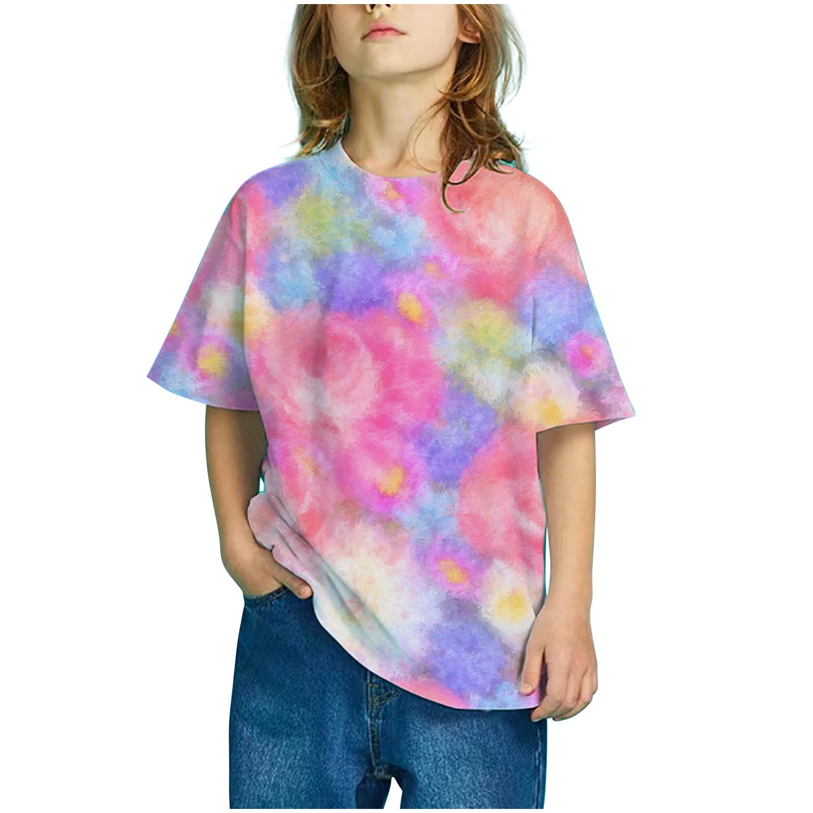 Shldybc Girl's Short Sleeve T Shirt Kids Fashion Tee Tie Dye Crewneck  Gradient Print Top Summer Casual Loose TshirtSummer Savings Clearance