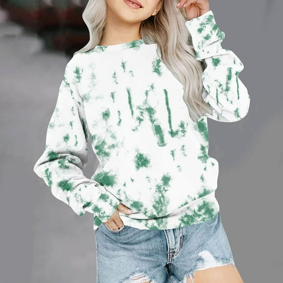 FAMTKT Girls Casual Long Sleeve Sweatshirt Crew Neck Cute Pullover Tops Girls Tie Dye Oversized Fall Clothes