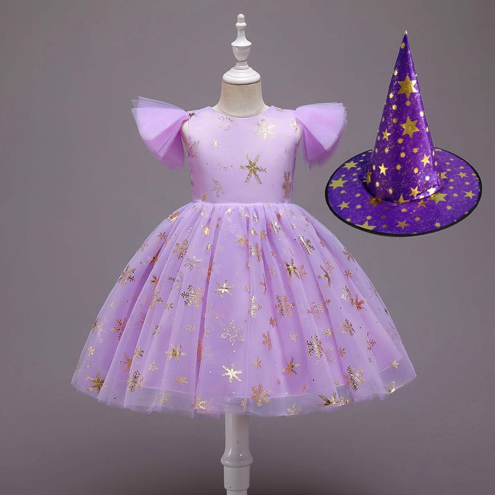 Shldybc Girls Halloween Witch Costumes Witch Hat Kids Halloween Short Puff Sleeve Mesh Dress
