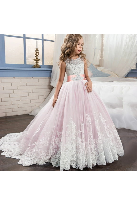 FAMTKT Girls Princess Pageant Dresses Kids Tulle Prom Ball Gowns Sequined Wedding Party Flower Long Dresses
