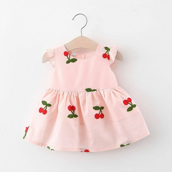 FAMTKT Girls Summer Dress, Toddler Baby Girl Summer Sleeveless Fruit Embroidered Little Flying Sleeve Dress, Girls Dresses