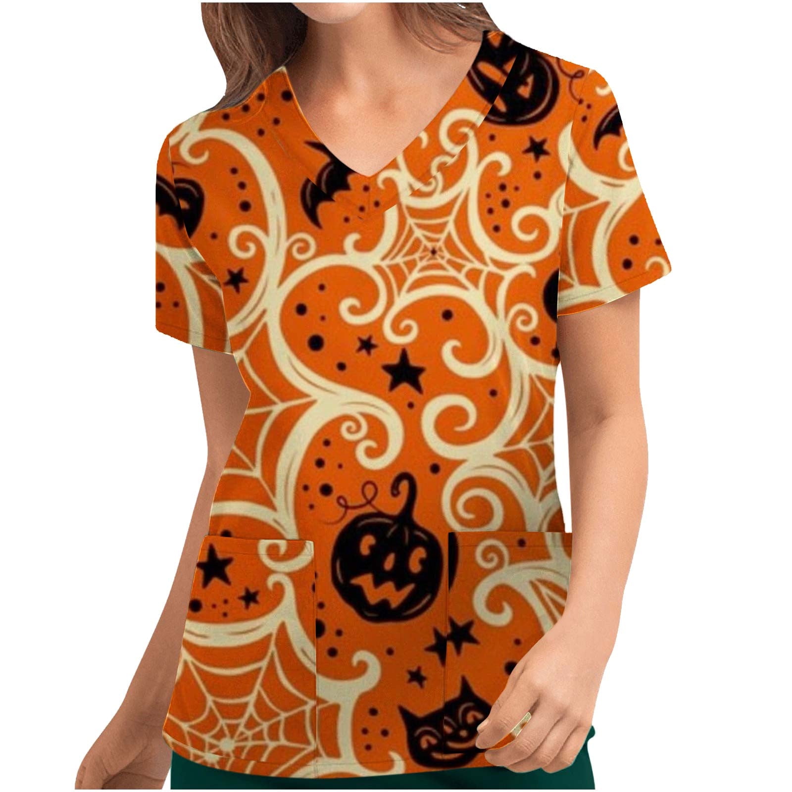 Shldybc Halloween Women's Printed Scrub Tops Working Uniform Short