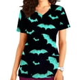 thumbnail image 1 of Shldybc Halloween Women's Printed Scrub Tops Working Uniform Short Sleeve V Neck Pumpkin Spiders Ghost Holiday Print Tunic Scrubs Workwear Blouse Scrubs Tops with Pockets-Light Blue, 1 of 5
