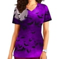 thumbnail image 1 of Shldybc Happy Halloween Womens Nursing Scrubs Tops Working Uniform Short Sleeve V Neck Pumpkin Spiders Ghost Holiday Print Tunic Scrubs Workwear Blouse Scrubs Tops with Pockets-Purple, 1 of 5