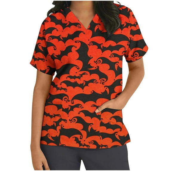 Shldybc Happy Halloween Womens Nursing Scrubs Tops Working Uniform Short Sleeve V Neck Pumpkin Spiders Ghost Holiday Print Tunic Scrubs Workwear Blouse Scrubs Tops with Pockets-Orange