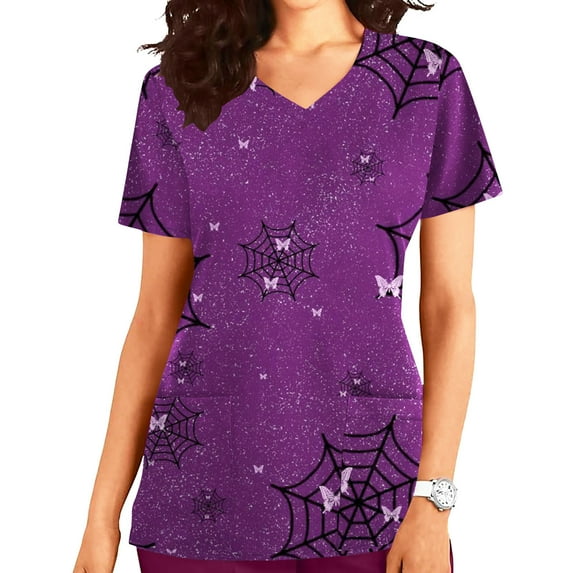 Shldybc Happy Halloween Womens Nursing Scrubs Tops Working Uniform Short Sleeve V Neck Pumpkin Spiders Ghost Holiday Print Tunic Scrubs Workwear Blouse Scrubs Tops with Pockets-Wine