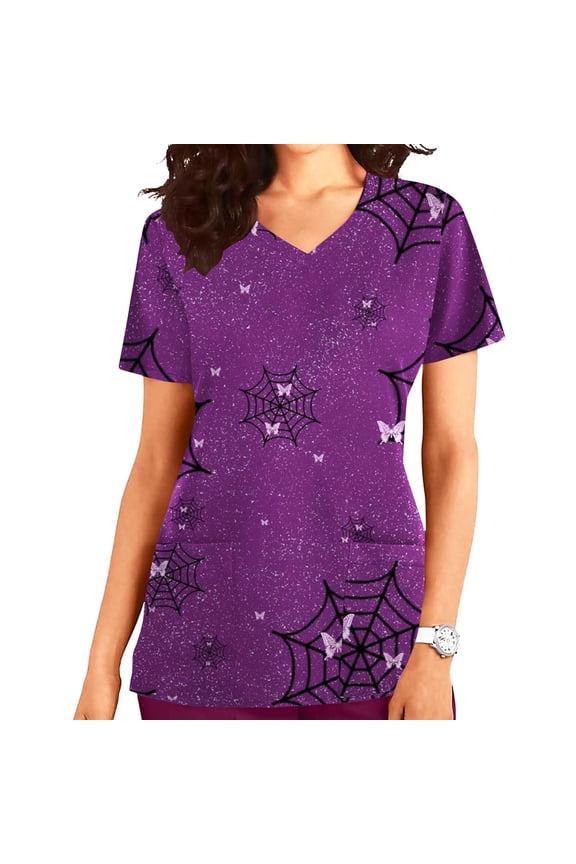 Happy Halloween Womens Nursing Scrubs Tops Working Uniform Short Sleeve V Neck Pumpkin Spiders Ghost Holiday Print Tunic Scrubs Workwear Blouse Scrubs Tops with Pockets-Wine