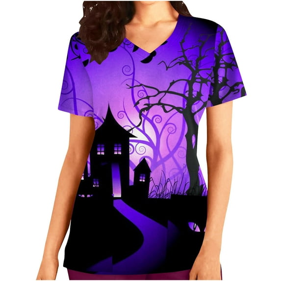 Shldybc Happy Halloween Womens Nursing Scrubs Tops Working Uniform Short Sleeve V Neck Pumpkin Spiders Ghost Holiday Print Tunic Scrubs Workwear Blouse Scrubs Tops with Pockets-Purple