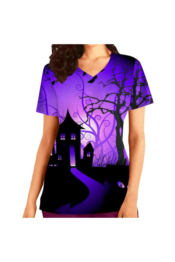 Happy Halloween Womens Nursing Scrubs Tops Working Uniform Short Sleeve V Neck Pumpkin Spiders Ghost Holiday Print Tunic Scrubs Workwear Blouse Scrubs Tops with Pockets-Purple