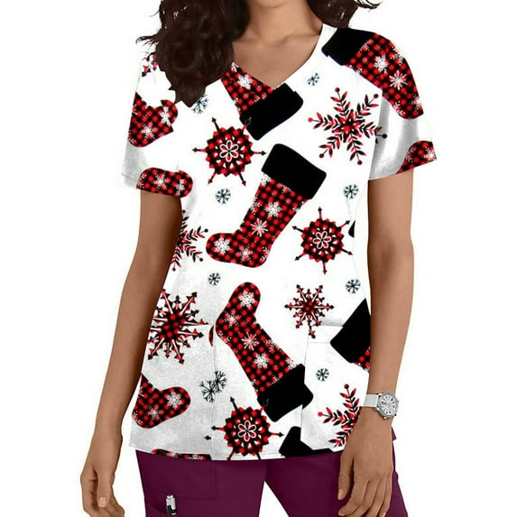 Shldybc Happy New Year! Womens Nursing Scrub Tops Working Uniform Short Sleeve V Neck Claus Snowman Tree Holiday Christmas PrintWorkwear Blouse Scrubs Tops with Pockets-Red - Fall/Winter Clearance