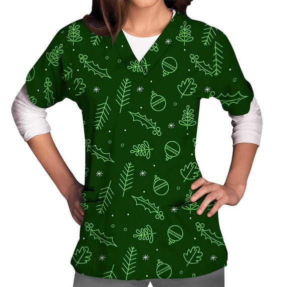 Shldybc Happy New Year! Womens Nursing Scrub Tops Working Uniform Short Sleeve V Neck Claus Snowman Tree Holiday Christmas PrintWorkwear Blouse Scrubs Tops with Pockets-Green - Fall/Winter Clearance