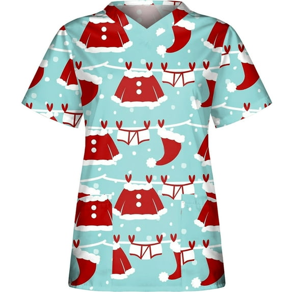 Shldybc Holiday Printed Christmas Scrubs Halloween Printed Uniform Tops Snowman Short Sleeve V Neck Nursing Workwear Tunic Working Uniform Blouse with Pockets-Blue - Fall/Winter Savings Clearance