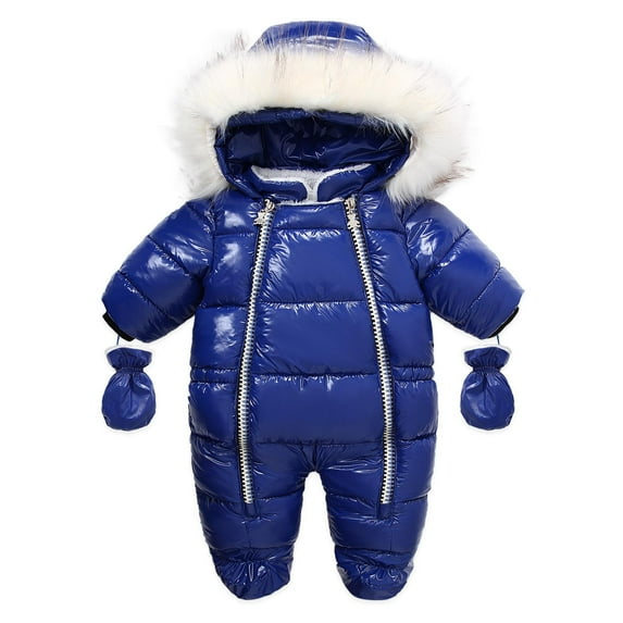 Shldybc Infant Baby Boys Girls Winter Snowsuit Romper Hoodied Footie Outwear Toddler Jumpsuit Down Coat Jacket + Gloves, Baby Snowsuit( 18-24 Months, Blue )