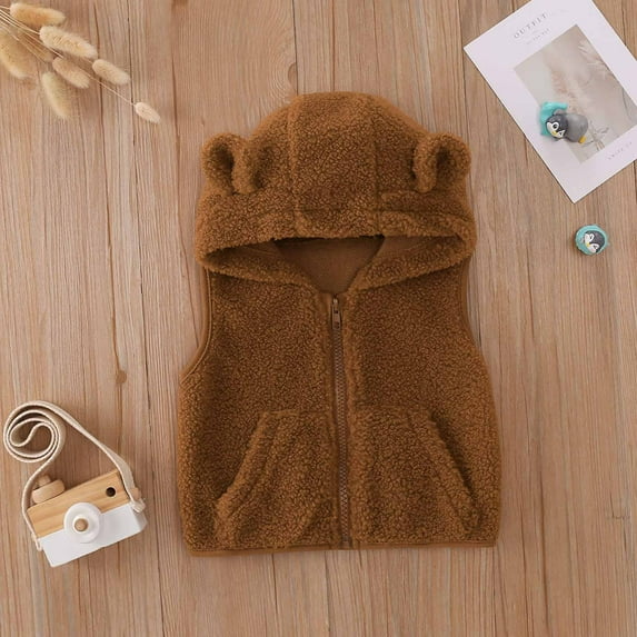 FAMTKT Infant Toddler Baby Boys Girls Beige Ear Hooded Vest Cardigan Zip Tank Top, Jackets & Coats