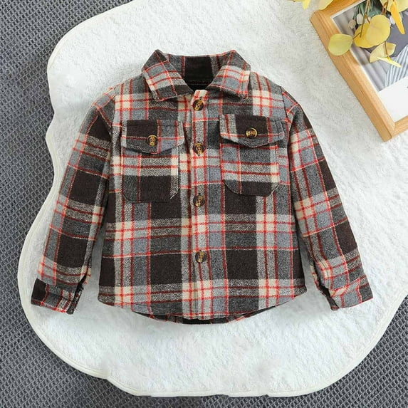 Shldybc Kids Toddler Flannel Shirt Jacket Plaid Long Sleeve Lapel Button Down Shacket Baby Boys Girls Fall Shirt Coat Outwear( Coffee, 4-5 Years )