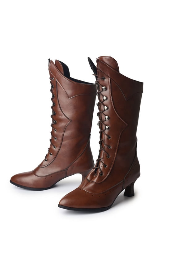 Knee High Boots for Women - Wide Calf Knee High Cowgirl Boots Mid Calf Knight Boots, Pointed Toe Mid Heel Retro Fashion Tall British Style Boot Pull On for Ladies, Womens Boots