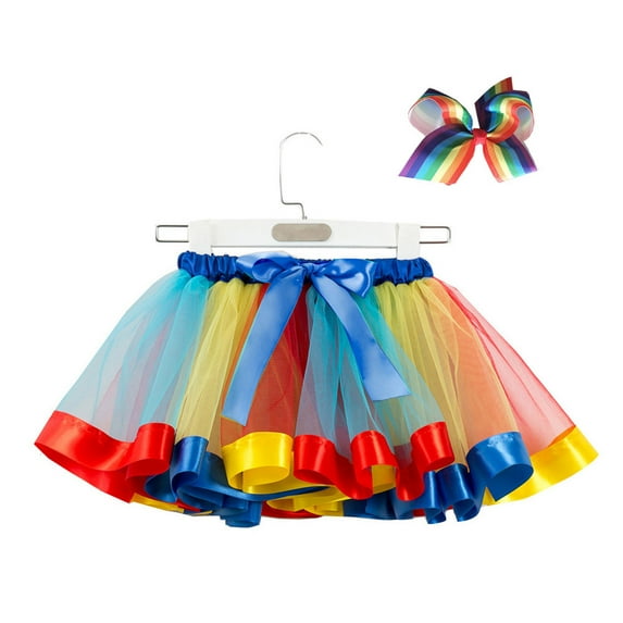 FAMTKT Layered Ballet Tulle Rainbow Tutu Skirt for Little Girls Dress Up with Colorful Hair Bows( 5-8 Years, Multicolor )