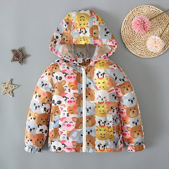 Shldybc Little Baby Girls Kids Outfits Spring Autumn Cartoon Print Pattern Hooded Windbreaker Jacket Casual Outerwear Coat, Baby Coat on Clearance( 3-4 Years, Multicolor )