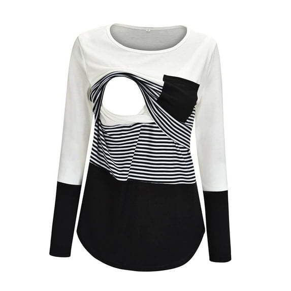 FAMTKT Maternity Round Neck Stripe Patchwork Long Sleeve Breast Feeding Pregnant Woman Nursing Blouse Tops T-Shirt, Plus Size Tops for Women, Nursing Tops