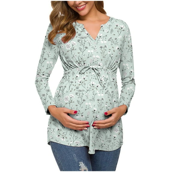 FAMTKT Maternity Summer Clothes, Ladies Fashion Flowers Leaf Print Long Sleeve Waistband Maternity Breastfeeding Clothe Top, Plus Size Tops for Women