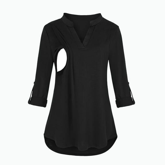 FAMTKT Maternity Summer Clothes, Maternity V-Neck Solid Long Sleeve Breast-Feeding Pregnant Woman Nursing Buttons Blouse Tops, Plus Size Tops for Women