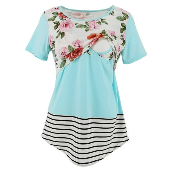 FAMTKT Maternity Summer Clothes, Pregnant Women Clothes Printed Striped Lace Cross Breastfeeding Top, Nursing Tops, Plus Size Tops for Women