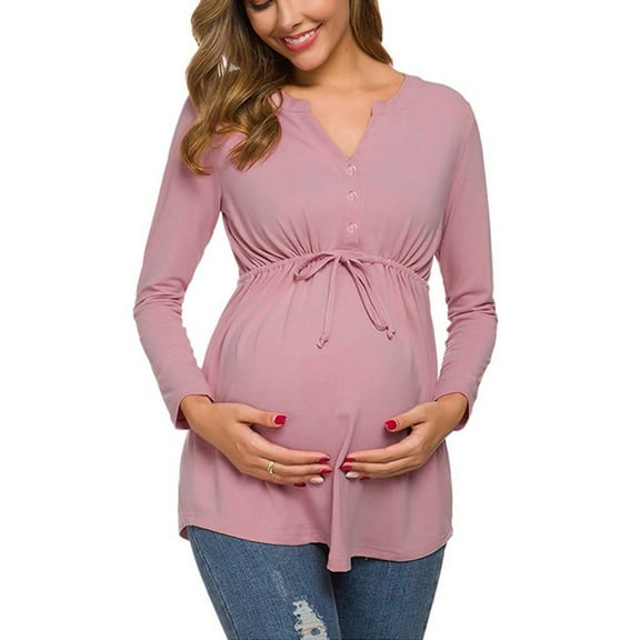 FAMTKT Maternity V-Neck Long Sleeve Bandage Solid Color Breast-Feeding Pregnant Nursing Blouse Tops, Plus Size Tops for Women, Maternity Shirts