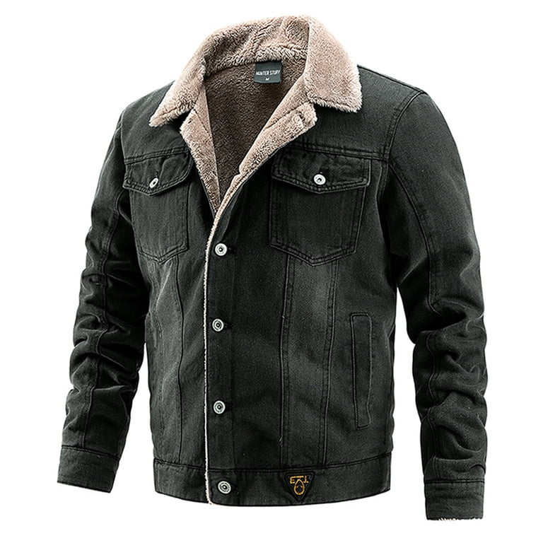 Shldybc Men's Fleece Jean Jacket Winter Cotton Fleece Lined Denim Trucker  Jacket-Black - Fall Savings Clearance