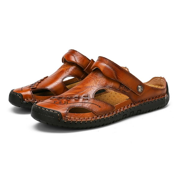 FAMTKT Men's Sandals, Men's Summer Casual Leather Sandals Breathable Outdoor Beach Shoes