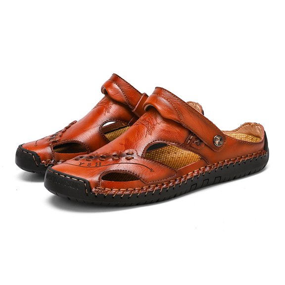 FAMTKT Men's Sandals, Men's Summer Casual Leather Sandals Breathable Outdoor Beach Shoes